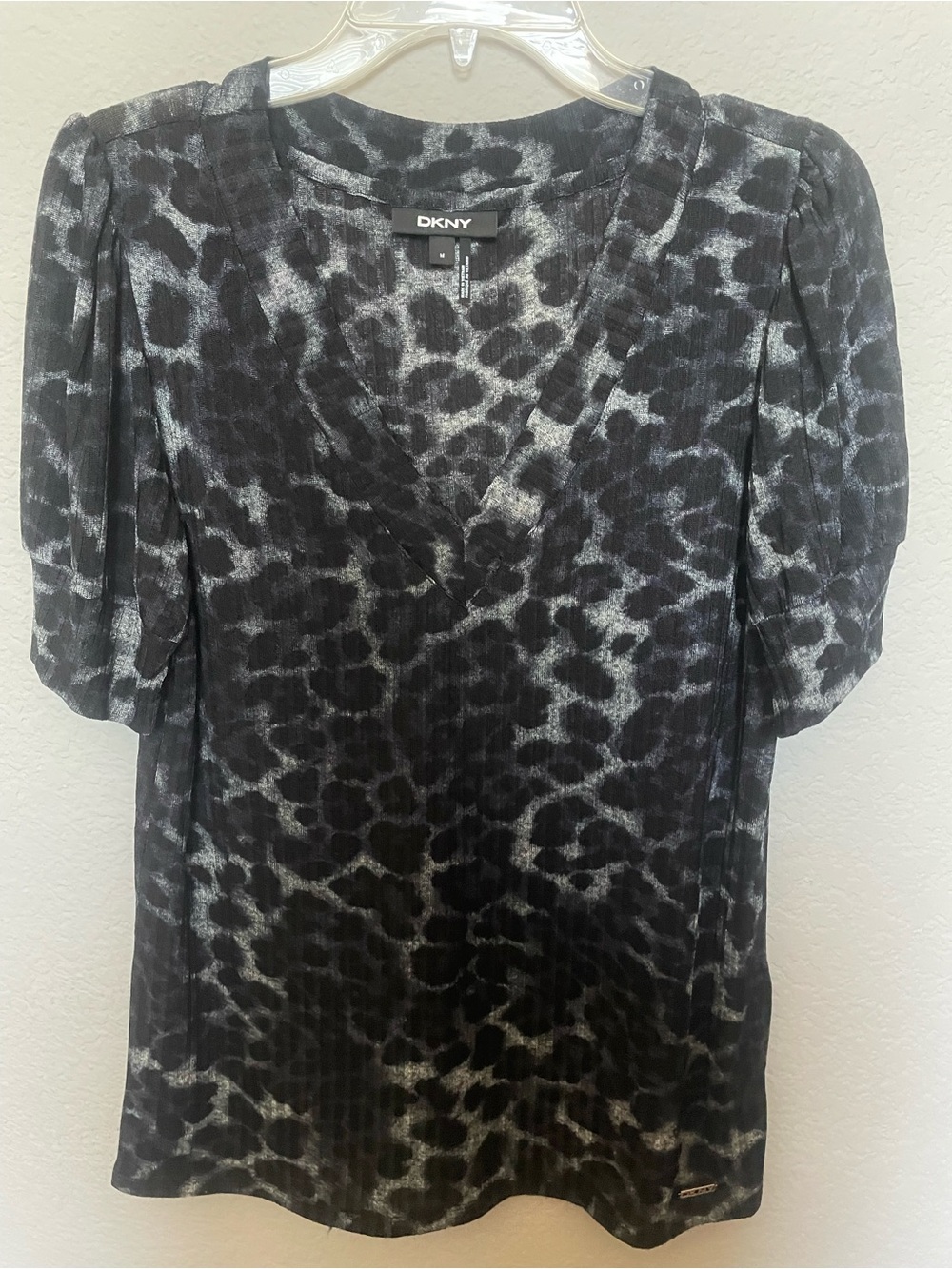 DKNY Black and Gray Leopard Print V-Neck Blouse